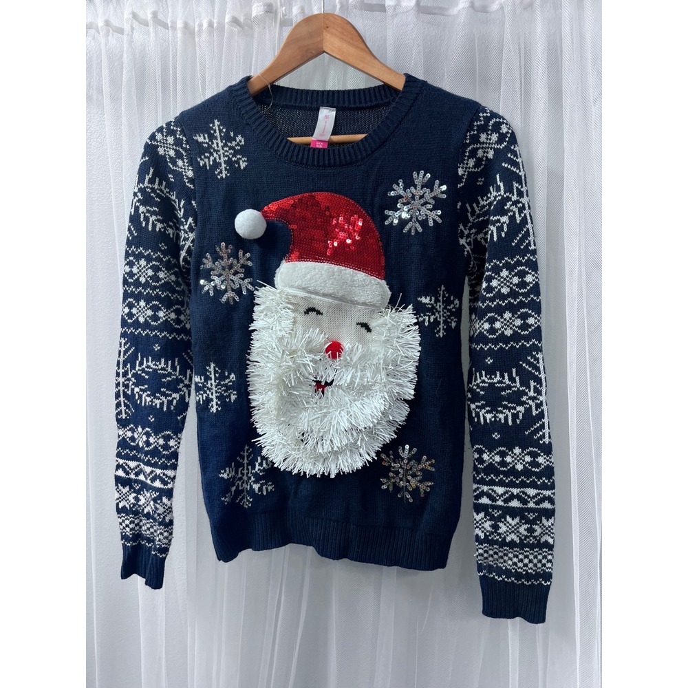 No Boundaries Navy Blue Santa Sequin Fair Isle Ugly Christmas Sweater S 3-5